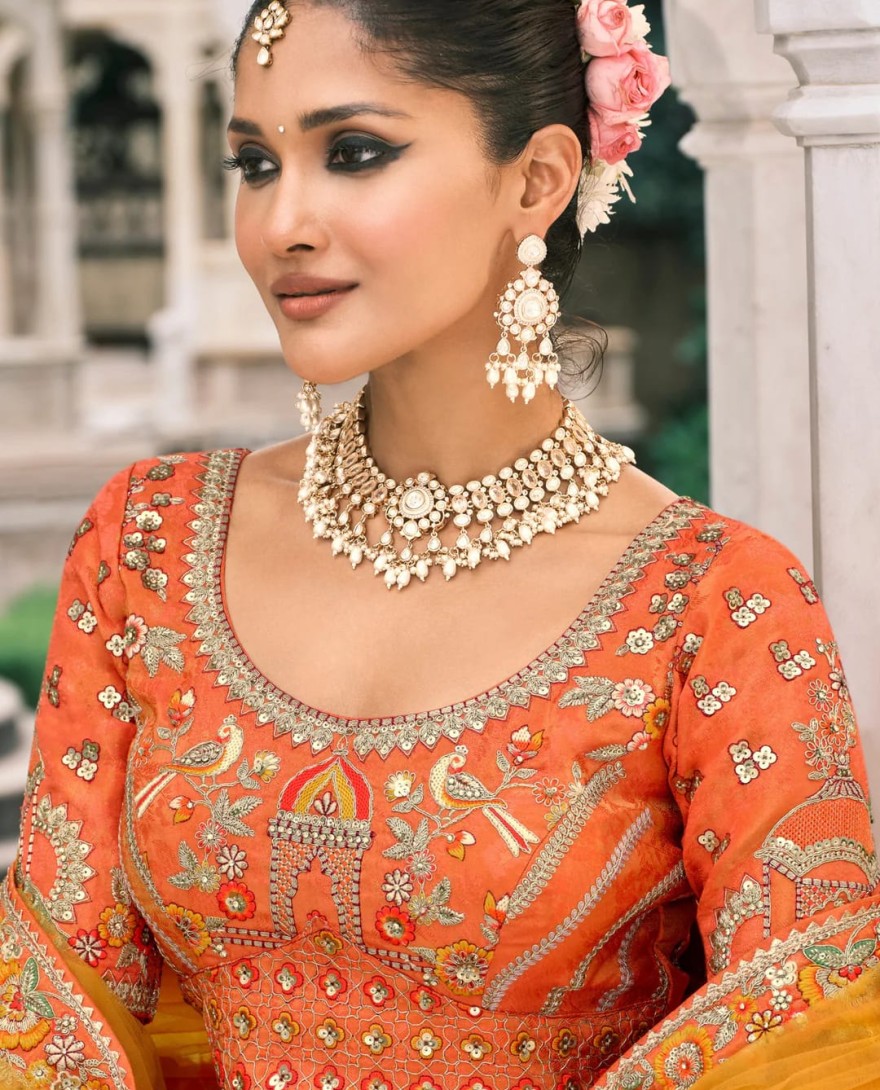 Orange - Pumpkin Orange & Yellow Fancy Silk Lehenga Choli With Cut Work Embroidery Border & Stone Work